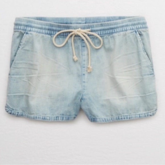 Aerie Chambray Shorts Dolphin Hem Elastic Waist Drawstring Cotton Blue XS - Picture 3 of 11